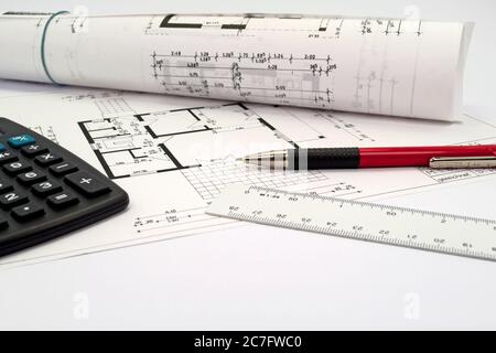 Technische Zeichnung für geplanten Hausbau Stockfoto