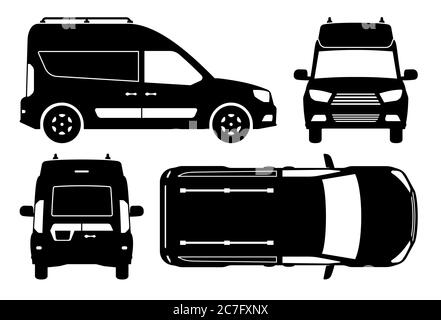 Minivan Silhouette auf weißem Hintergrund. Fahrzeugsymbole stellen die Ansicht von der Seite, von vorne, von hinten und von oben ein Stock Vektor