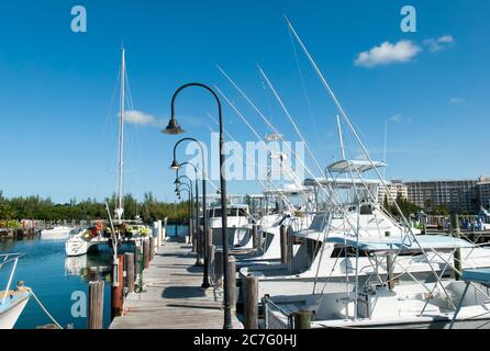 Der hölzerne Pier und weiße Farbboote in Freeport Resort Stadthafen auf Grand Bahama Insel (Bahamas). Stockfoto