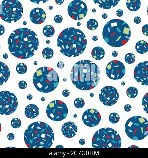 Vektor Terrazzo Stil Kreise verstreut nahtlose Vektor Muster Hintergrund. Abstrakte unregelmäßige feine Mosaik Scherbe Kugeln blau weiß, rote Hintergrund Stock Vektor