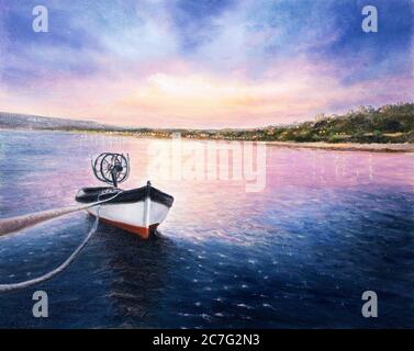 Original abstraktes Ölgemälde von Fischerboot und Meer auf Leinwand.Rich lila Sonnenuntergang über Meer.Moderne Impressionismus Stockfoto