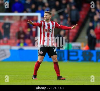 Februar 2020, Bramall Lane, Sheffield, England; Premier League, Sheffield United V Bournemouth: Oliver Norwood (16) von Sheffield United versucht, die Dinge zu beruhigen Stockfoto