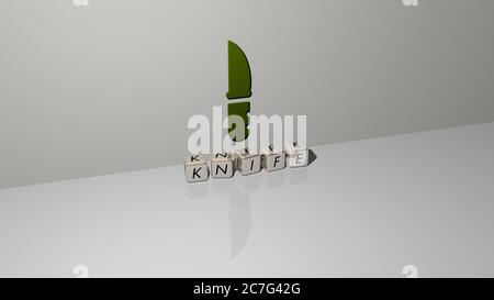 3D-Illustration von Messer-Grafiken und Text von metallischen Würfel Buchstaben für die damit verbundenen Bedeutungen des Konzepts und Präsentationen. Hintergrund und Gabel Stockfoto