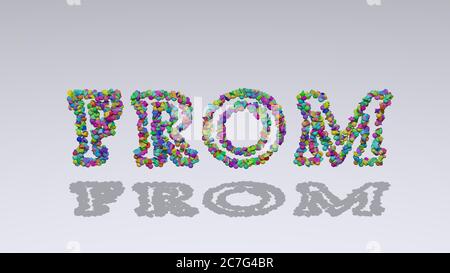 Aus: 3D-Darstellung des Textes aus kleinen Objekten auf weißem Hintergrund mit Schatten Stockfoto