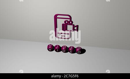 3D-Grafik-Bild von VIDEO vertikal zusammen mit Text von metallischen kubischen Buchstaben aus der oberen Perspektive gebaut, ausgezeichnet für das Konzept Präsentation und Diashows. Illustration und Hintergrund Stockfoto