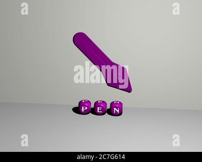 3D-Grafik-Bild des Stiftes vertikal zusammen mit Text von metallischen kubischen Buchstaben aus der oberen Perspektive gebaut, ausgezeichnet für das Konzept Präsentation und Diashows. Illustration und Hintergrund Stockfoto