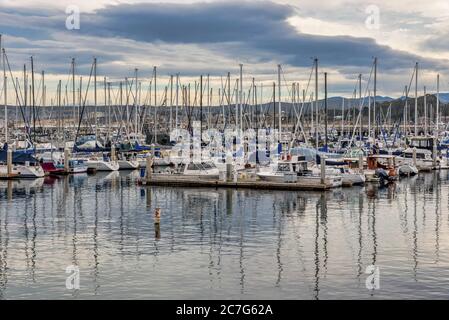 MONTEREY, CA, USA - 12. Jan 2019: Ein Hafen voller Schiffe unter dem wolkenlosen Himmel in Monterey, Kalifornien, USA Stockfoto