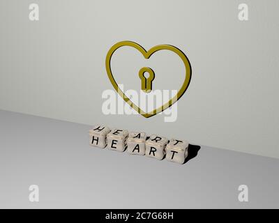 3D-Illustration von HERZ-Grafiken und Text von metallischen Würfel Buchstaben für die damit verbundenen Bedeutungen des Konzepts und Präsentationen. Hintergrund und Liebe Stockfoto