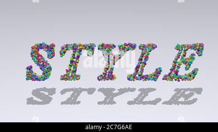 STIL: 3D-Darstellung des Textes aus kleinen Objekten auf weißem Hintergrund mit Schatten. Design und Symbol Stockfoto