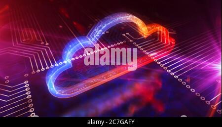 Symbol für die Cloud des digitalen Computing. Cyber-Technologie, Internet-Datenspeicherung, Datenbank und Mobile Server Konzept. Futuristisches 3D-Symbol über Computer fliegen b Stockfoto