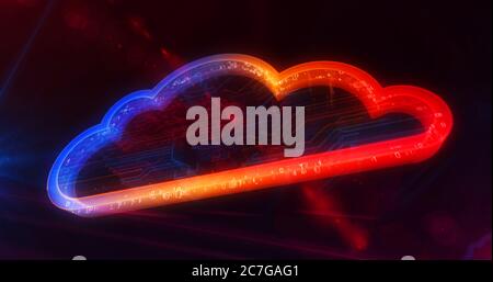 Symbol für die Cloud des digitalen Computing. Cyber-Technologie, Internet-Datenspeicherung, Datenbank und Mobile Server Konzept. Futuristisches 3D-Symbol über Computer fliegen b Stockfoto