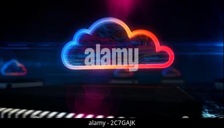 Symbol für die Cloud des digitalen Computing. Cyber-Technologie, Internet-Datenspeicherung, Datenbank und Mobile Server Konzept. Futuristisches 3D-Symbol über Computer fliegen b Stockfoto