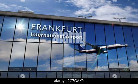 Jet-Flugzeuge landen in Frankfurt, Deutschland, Europa 3D-Darstellung. Ankunft in der Stadt mit dem Glas Flughafen Terminal und Reflexion der Th Stockfoto