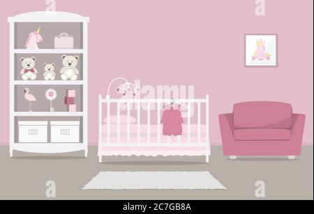 Kinderzimmer für ein neugeborenes Baby. Schlafzimmer für ein Baby in rosa Farbe. Es gibt ein Kinderbett, einen Kleiderschrank mit Spielzeug, Sessel, Babykleidung Stock Vektor