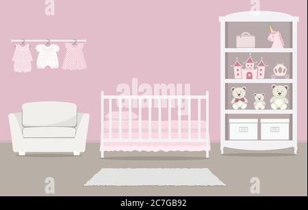 Rosa Schlafzimmer für ein Baby Mädchen. Kinderzimmer für ein neugeborenes Baby. Innen. Es gibt ein Kinderbett, einen Kleiderschrank mit Spielzeug, Sessel, Babykleidung hier Stock Vektor