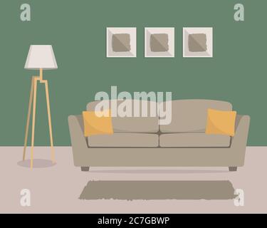 Grünes Wohnzimmer mit Sofa und Stehlampe. Auf dem Bild sind auch Bilder an der Wand zu sehen. Vektorgrafik flach Stock Vektor