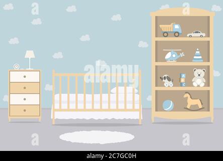 Kinderzimmer für ein neugeborenes Baby. Schlafzimmer für einen kleinen Jungen. Es gibt ein Kinderbett, einen Kleiderschrank mit Spielzeug und andere Dinge auf dem Bild. Vektor Stock Vektor