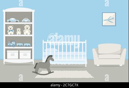 Kinderzimmer für ein neugeborenes Baby. Schlafzimmer für einen kleinen Jungen in einer blauen Farbe. Es gibt ein Kinderbett, einen Kleiderschrank mit Spielzeug, Sessel, ein Schaukelpferd Stock Vektor