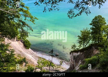 Türkisfarbenes Wasser der Ostsee und weiße Klippen, die von Bäumen umrahmt sind, vom Hochuferweg am Wissower Ufer aus gesehen, Nationalpark Jasmund, Rügen. Stockfoto