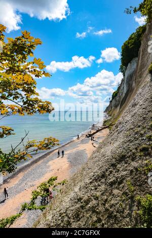 Strand und Kreidefelsen am Kieler Ufer Strand an der Ostsee im Nationalpark Jasmund, Rügen, mit wenigen Besuchern während der Coronavirus-Krise. Stockfoto