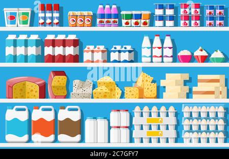 Schaufenster Kühlschrank für die Kühlung von Milchprodukten. Flaschen und Boxen in verschiedenen Farben im Kühlschrank. Kühlgerät für Kühlgeräte. Milch, Joghurt, Sauerrahm, Käse, Eier. Flache Vektorgrafik Stock Vektor