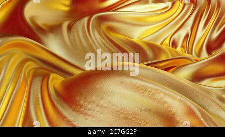 Golden Stoff Textur Nahaufnahme schöne abstrakte Hintergrund. Gewellte Seide Satin Textur aus Samt. Luxuriöse Seide Satin Hintergrund. 3d-Rendering. Stockfoto