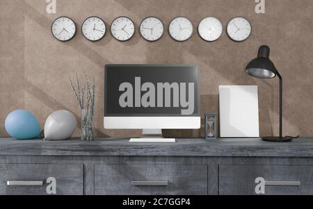 Arbeitsplatz zu Hause mit einem Desktop-Computer 3d-Rendering mockup.Modern Technologie Konzept . 3d-Illustration Stockfoto