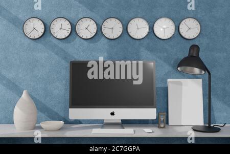 Arbeitsplatz zu Hause mit einem Desktop-Computer 3d-Rendering mockup.Modern Technologie Konzept . 3d-Illustration Stockfoto