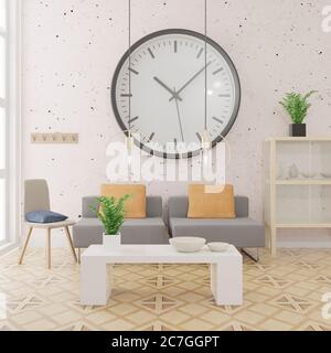 Wohnzimmer Innenhintergrund, skandinavischen Stil, 3D-Rendering, 3D-Illustration Stockfoto