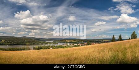 Sommerlandschaft, im Tal der Stadt Frymburk in der Nähe des Lipno-Stausees, im Vordergrund eine Wiese. Tschechische republik Stockfoto