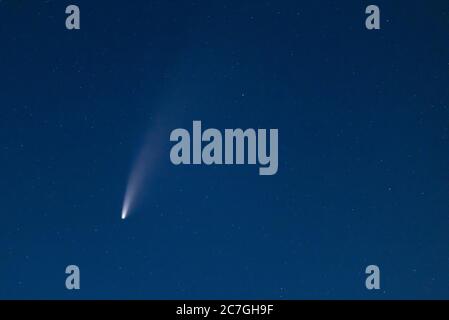 Komet C/2020 F3 Neowise am Nachthimmel bei Dämmerung, von Gloucestershire, England aus gesehen, während seines Besuchs am 2020. Juli. Stockfoto