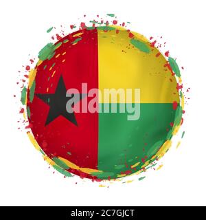 Runde Grunge-Flagge von Guinea-Bissau mit Spritzern in Fahnenfarbe. Vektorgrafik. Stock Vektor