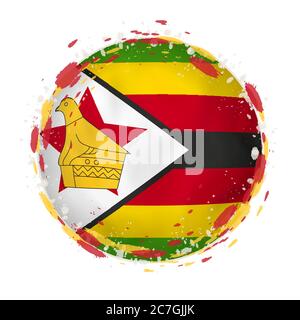 Runde Grunge-Flagge von Simbabwe mit Spritzern in Flaggenfarbe. Vektorgrafik. Stock Vektor