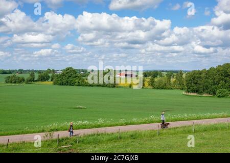 Mann und Frau gehen mit einem Hund auf einer Landstraße Stockfoto