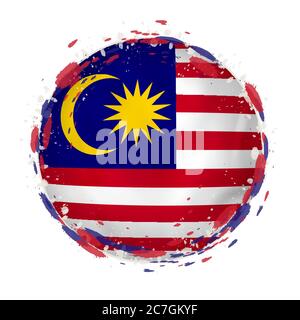 Runde Grunge-Flagge Malaysias mit Spritzern in Flaggenfarbe. Vektorgrafik. Stock Vektor
