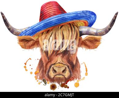 Bull Bull in einem Sombrero Hut Aquarell Grafiken. Bull Tier Illustration mit Splash Aquarell texturierten Hintergrund. Stockfoto