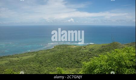 Blick auf die üppige Vegetation und das Karibische Meer von der Ziegenhügelwanderung am östlichen Ende von St. Croix auf den US-Jungferninseln Stockfoto