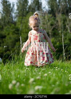 Kleinkind spielen in einem Feld, Großbritannien Stockfoto