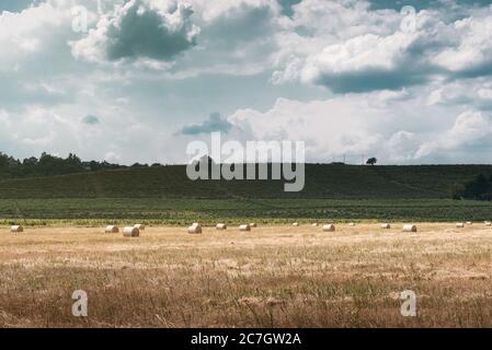 Landschaft mit dramatischen Wolken und Heu rollt im Feld Stockfoto