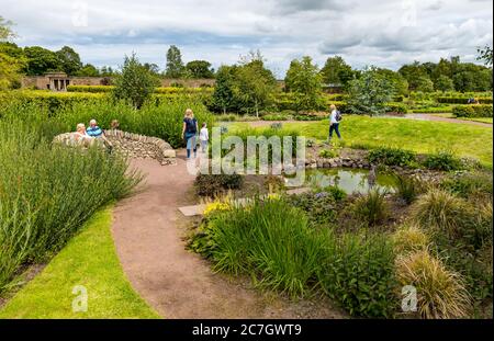 Besucher entspannen am Teich, Amisfield Walled Garden, Haddington, East Lothian, Schottland, Großbritannien Stockfoto