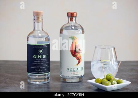 Alkoholfreier Gin und Tonics, hergestellt mit Seedlip und Ginish, alkoholfreie Spirts. Stockfoto