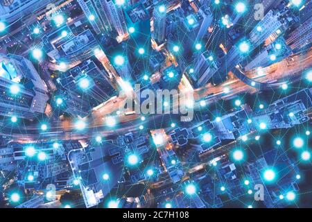 Wireless-Technologie, Internet of Things Konzept, Smart City durch Intelligenz Netzwerk verbunden, Abstract visuelle futuristischen Hintergrund Stockfoto
