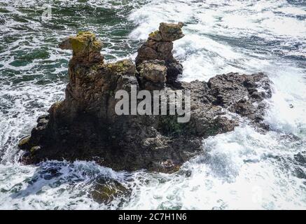 08. Juli 2020, Dänemark, Allinge: Kamelkopf- und Löwenkopf-Felsen ragen aus der Ostsee auf den Klippen unterhalb der Burgruine der mittelalterlichen Festung Hammershus an der nordwestlichen Spitze der dänischen Ostseeinsel. Direkt unter der Burg befinden sich die markantesten Felsen der Insel Bornholm. Es sind zwei Felsen, die wie der Kopf eines Kamels und der Kopf eines Löwen aussehen. Foto: Patrick Pleul/dpa-Zentralbild/ZB Stockfoto