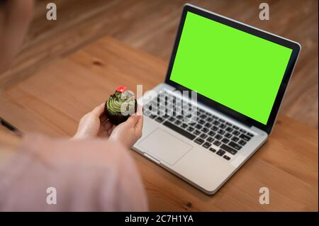 Asiatische Frau feiert Kollegen Geburtstag durch Video-Anruf online virtuelle Party zu Hause, während isoliert zu Hause bleiben. Hand halten Tasse Kuchen Stockfoto