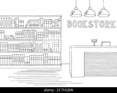 Buchladen Store Innengrafik schwarz weiß Skizze Illustration Vektor Stock Vektor