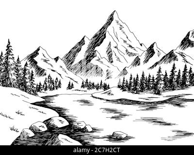 Berg See Grafik schwarz weiß Landschaft Skizze Illustration Vektor Stock Vektor