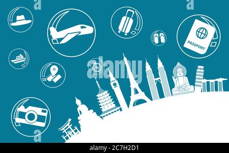 Konzept Kunst der Reise Blase durch Landmarken Symbole mit Corona-Virus Situation und Reise-Symbole, Vektor-Illustration Stock Vektor