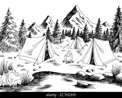 Camping Grafik schwarz weiß Berglandschaft Skizze Illustration Vektor Stock Vektor