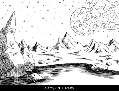 Alien Planet Grafik schwarz weiß Raum Landschaft Skizze Illustration Vektor Stock Vektor