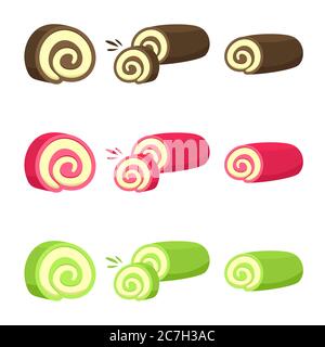 Set Erdbeer Schweizer Roll Kuchen Vektor flache Illustration. Roll Cake mit Aromen von Schokolade, grünem Tee und rotem Samt. Element Bäckerei Design für Stock Vektor